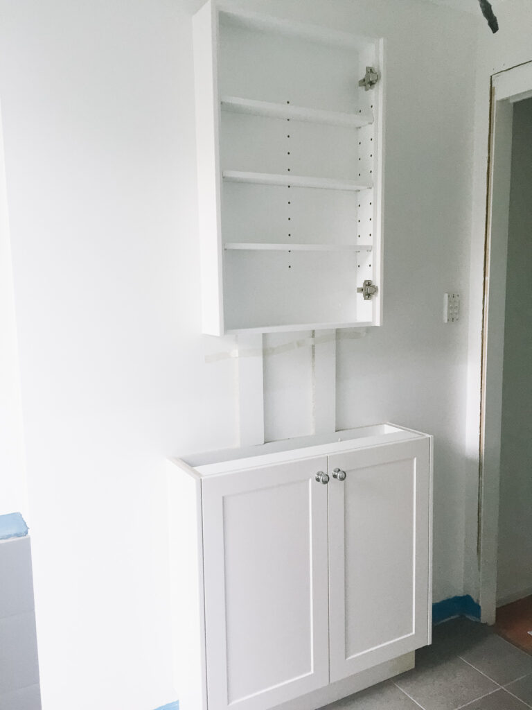 Makeup vanity in small master bathroom